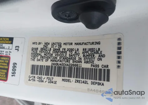 2010 Toyota Corolla S z USA, uszkodzony, nr VIN 1NXBU4EEXAZ266611